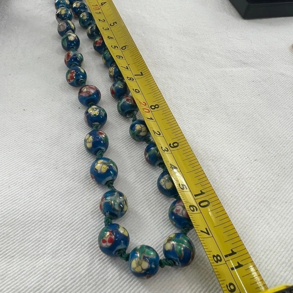 Vintage Blue Cloisonne Double Hand Knotted bead necklace and earrings